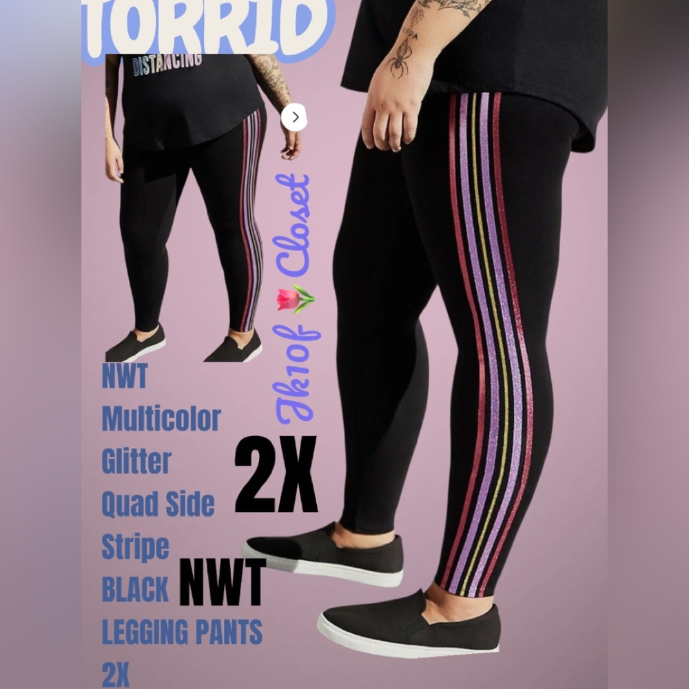 LOWEST🌺 NWT TORRID 2X Black w Pink, Purple Glitter Side Stripes LEGGING PANTS